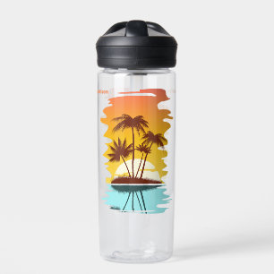 Custom Name Tropical Island Sunset Water Bottle