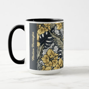 Custom Name Tropical Leafs and Flowers Pattern Mug