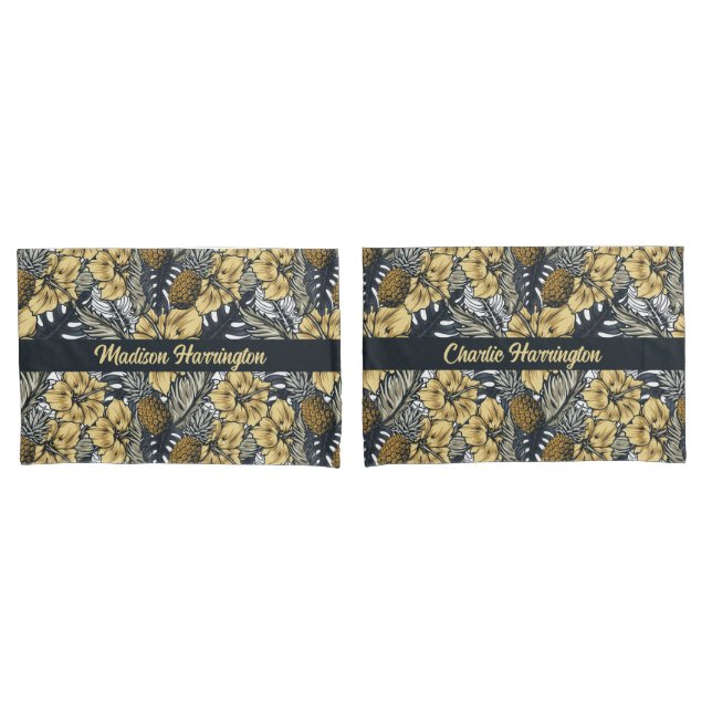 Custom Name Tropical Leafs and Flowers Pattern Pillowcase (Front-Set)