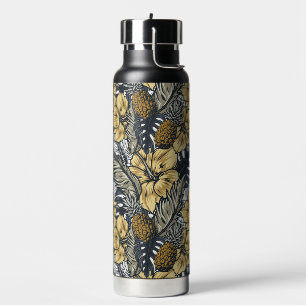Custom Name Tropical Leafs and Flowers Pattern Water Bottle