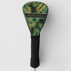 Custom Name Tropical Palm Leaves on Black   Bold Golf Head Cover