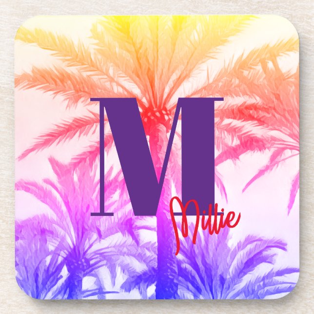 custom name tropical palm tree in retro neon 80's coaster (Front)