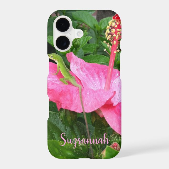 Custom Name Tropical Pink Hibiscus Anole Lizard (Back)