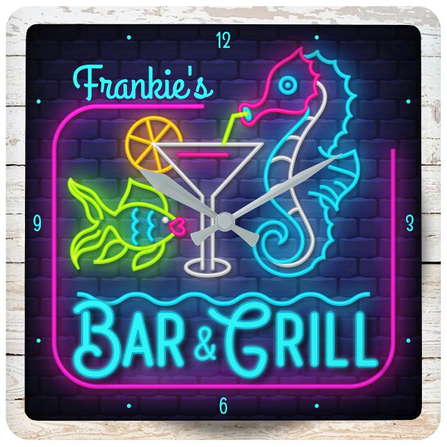 Custom NAME Tropical Seahorse Beach Bar and Grill Square Wall Clock (Creator Uploaded)
