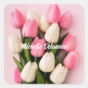 Custom Name Tulips on Pink Square Sticker