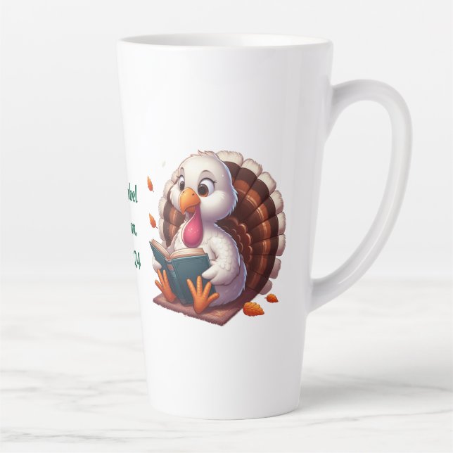 Custom name, turkey reading a book latte mug (Right)