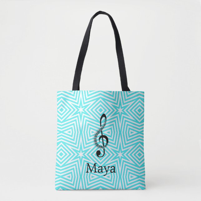Custom Name Turquoise/Black Treble Clef Music Bag (Front)