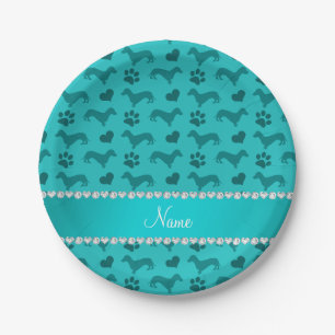 Custom name turquoise dachshunds hearts paws paper plate