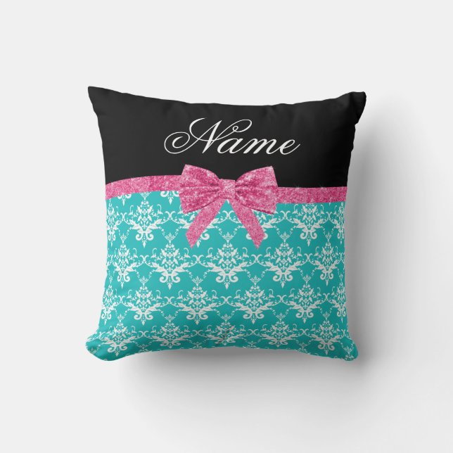 Custom name turquoise damask pink glitter bow cushion (Front)
