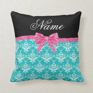Custom name turquoise damask pink glitter bow cushion