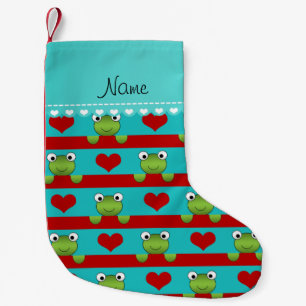 Custom name turquoise frogs red hearts stripes small christmas stocking