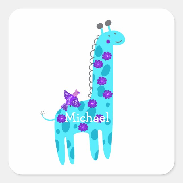 Custom Name Turquoise Giraffe Cute Purple Bird Square Sticker (Front)