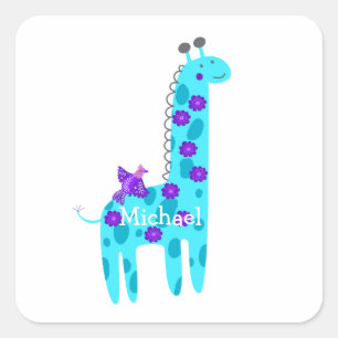 Custom Name Turquoise Giraffe Cute Purple Bird Square Sticker