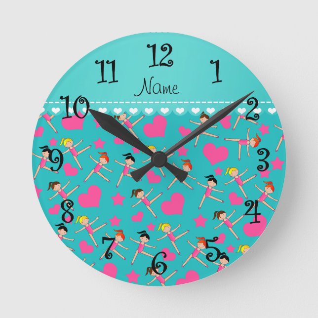 Custom name turquoise girl gymnasts hearts stars round clock (Front)