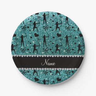 Custom name turquoise glitter archery paper plate