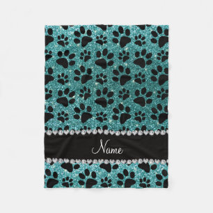 Custom name turquoise glitter black dog paws fleece blanket