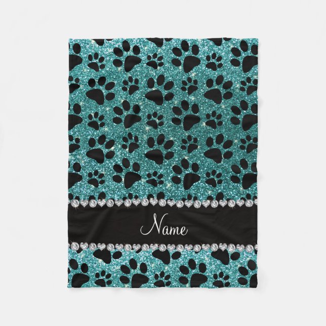 Custom name turquoise glitter black dog paws fleece blanket (Front)