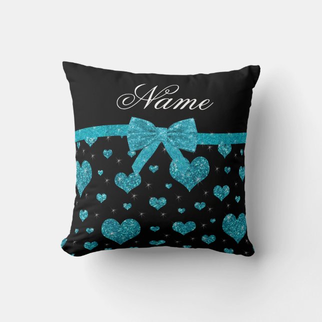 Custom name turquoise glitter hearts bow cushion (Front)