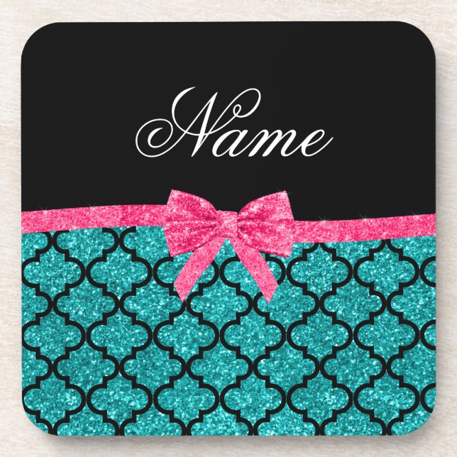 Custom name turquoise glitter moroccan pink bow coaster (Front)