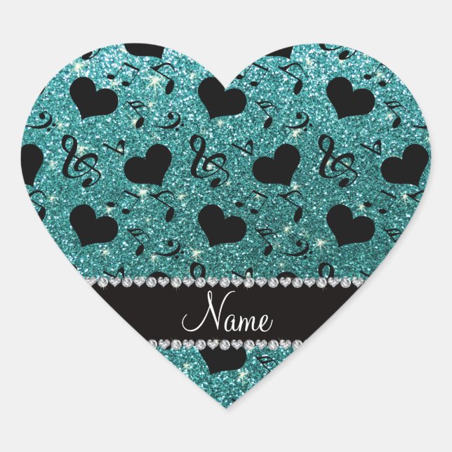 Custom name turquoise glitter music notes hearts heart sticker (Front)