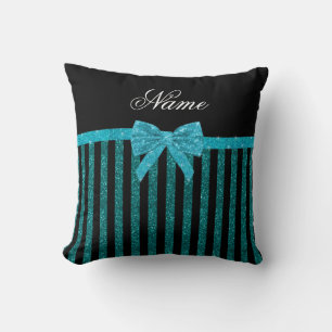 Custom name turquoise glitter stripes bow cushion