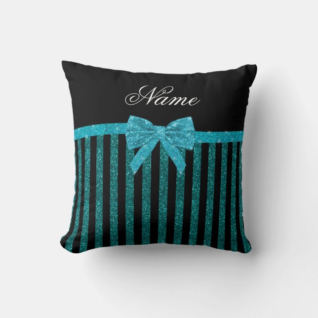 Custom name turquoise glitter stripes bow cushion (Front)