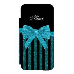 Custom name turquoise glitter stripes bow incipio watson™ iPhone 5 wallet case