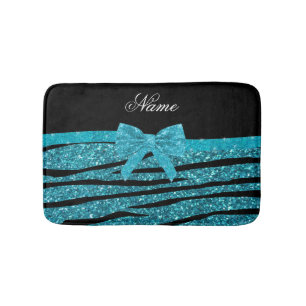Custom name turquoise glitter zebra stripes bows bath mat