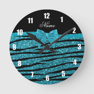 Custom name turquoise glitter zebra stripes bows round clock