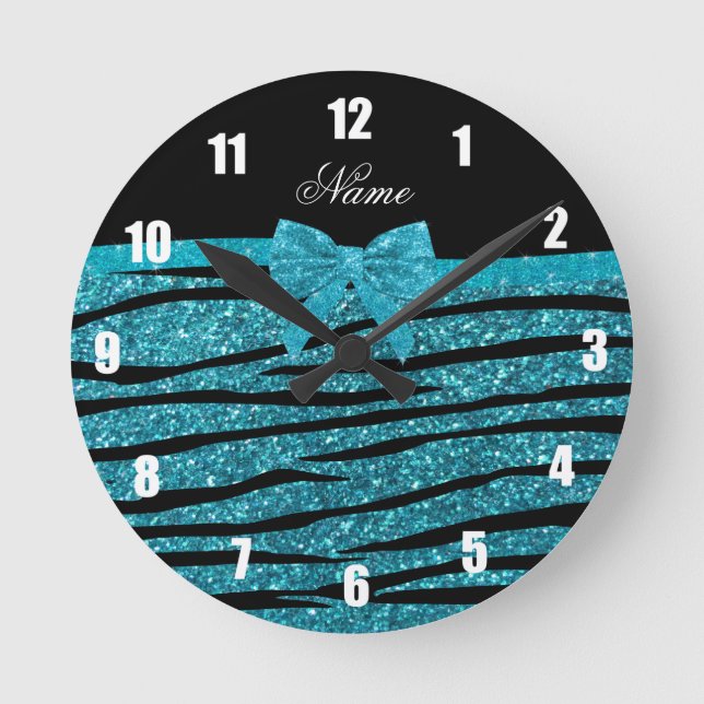 Custom name turquoise glitter zebra stripes bows round clock (Front)
