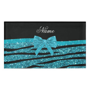 Custom name turquoise glitter zebra stripes bows tag