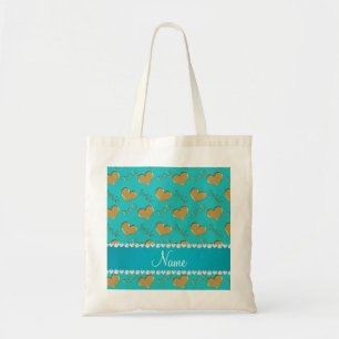 Custom name turquoise gold bride hearts tote bag