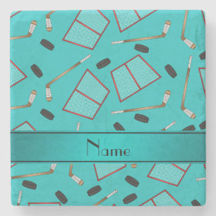 Custom name turquoise hockey sticks pucks nets stone coaster