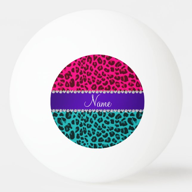 Custom name turquoise hot pink leopard ping pong ball (Front)
