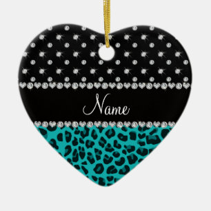 Custom name turquoise leopard black diamonds ceramic ornament