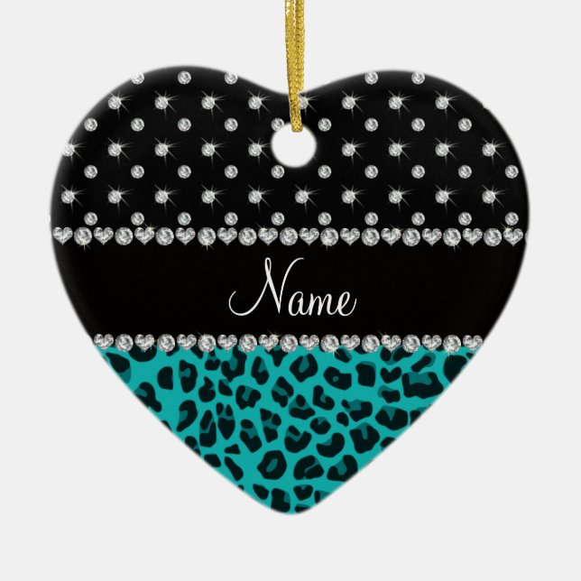 Custom name turquoise leopard black diamonds ceramic ornament (Front)