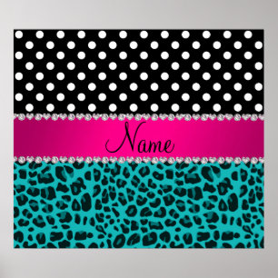 Custom name turquoise leopard black dots poster