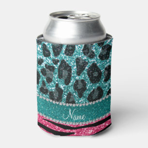 Custom name turquoise leopard pink glitter zebra can cooler