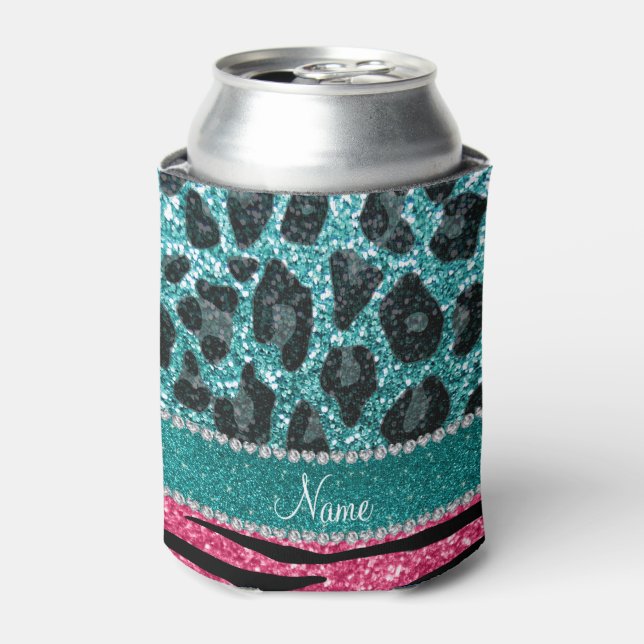 Custom name turquoise leopard pink glitter zebra can cooler (Can Front)