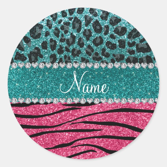 Custom name turquoise leopard pink glitter zebra classic round sticker (Front)