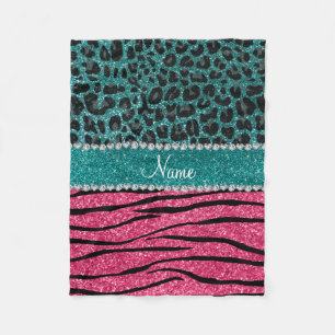 Custom name turquoise leopard pink glitter zebra fleece blanket
