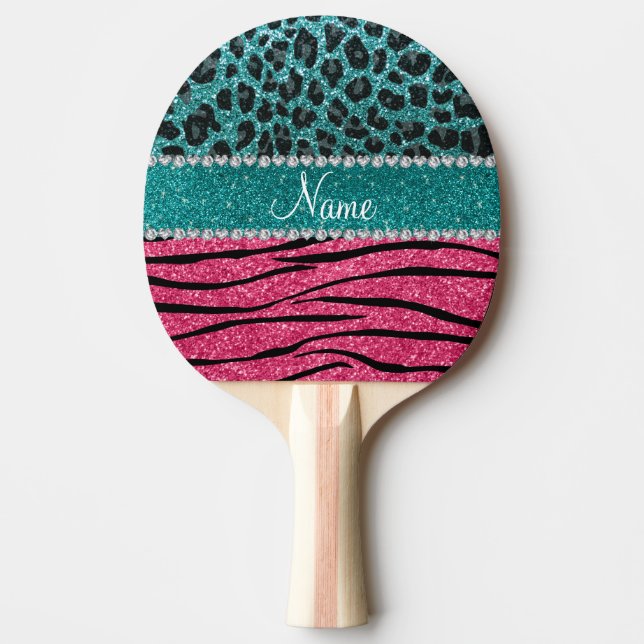 Custom name turquoise leopard pink glitter zebra ping pong paddle (Front)