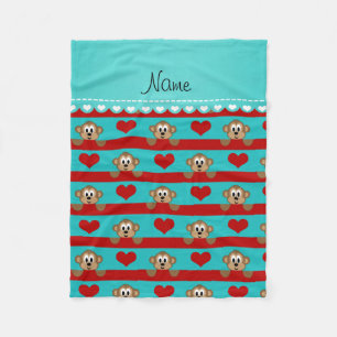 Custom name turquoise monkeys red hearts stripes fleece blanket