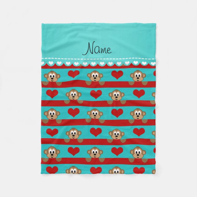 Custom name turquoise monkeys red hearts stripes fleece blanket (Front)