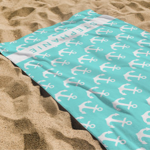 Custom Name Turquoise Nautical White Anchor Beach Towel