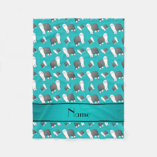 Custom name turquoise Old English Sheepdog dogs Fleece Blanket