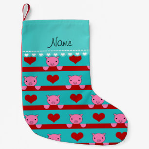 Custom name turquoise pigs red hearts stripes small christmas stocking