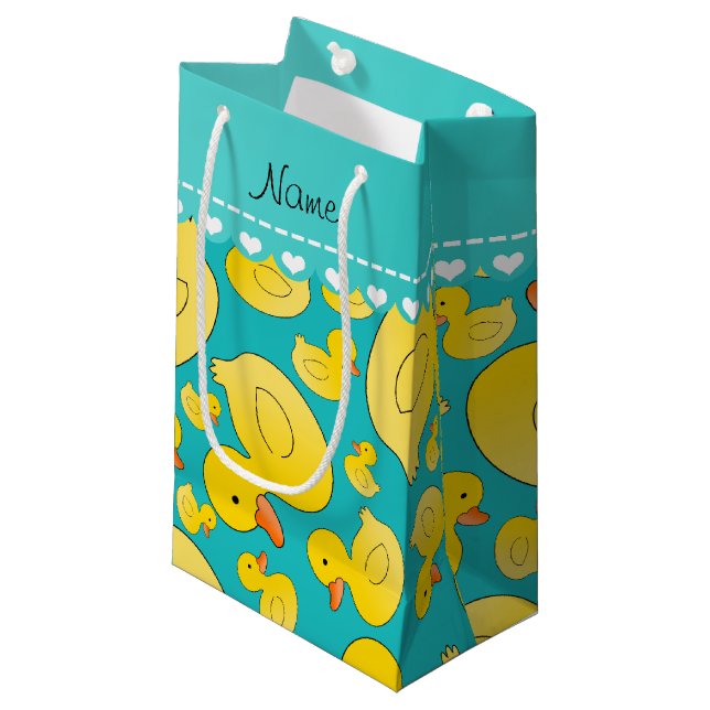 Custom name turquoise rubberducks blue stripe small gift bag (Front Angled)
