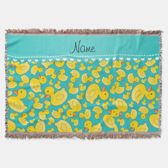Custom name turquoise rubberducks blue stripe throw blanket (Front)