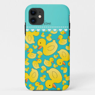 Custom name turquoise rubberducks heart stripe iPhone 11 case